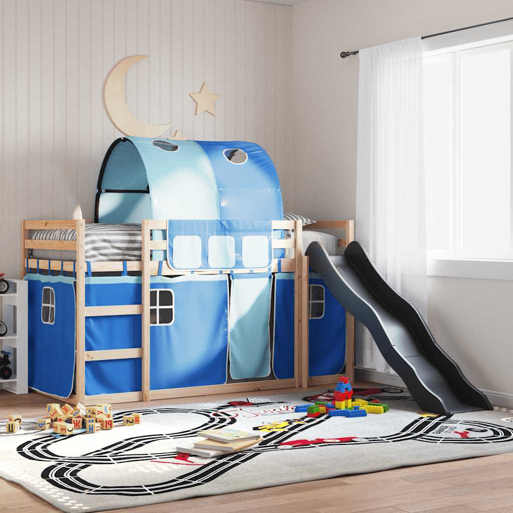 Etagenbett mit Rutsche und Gardinen Weiß und Schwarz 90x200 cm