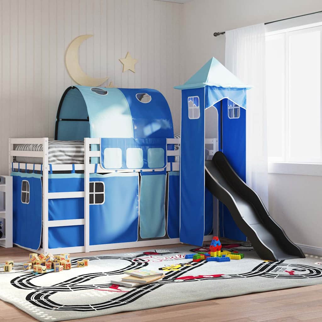 Etagenbett mit Rutsche und Gardinen Weiß und Schwarz 90x200 cm
