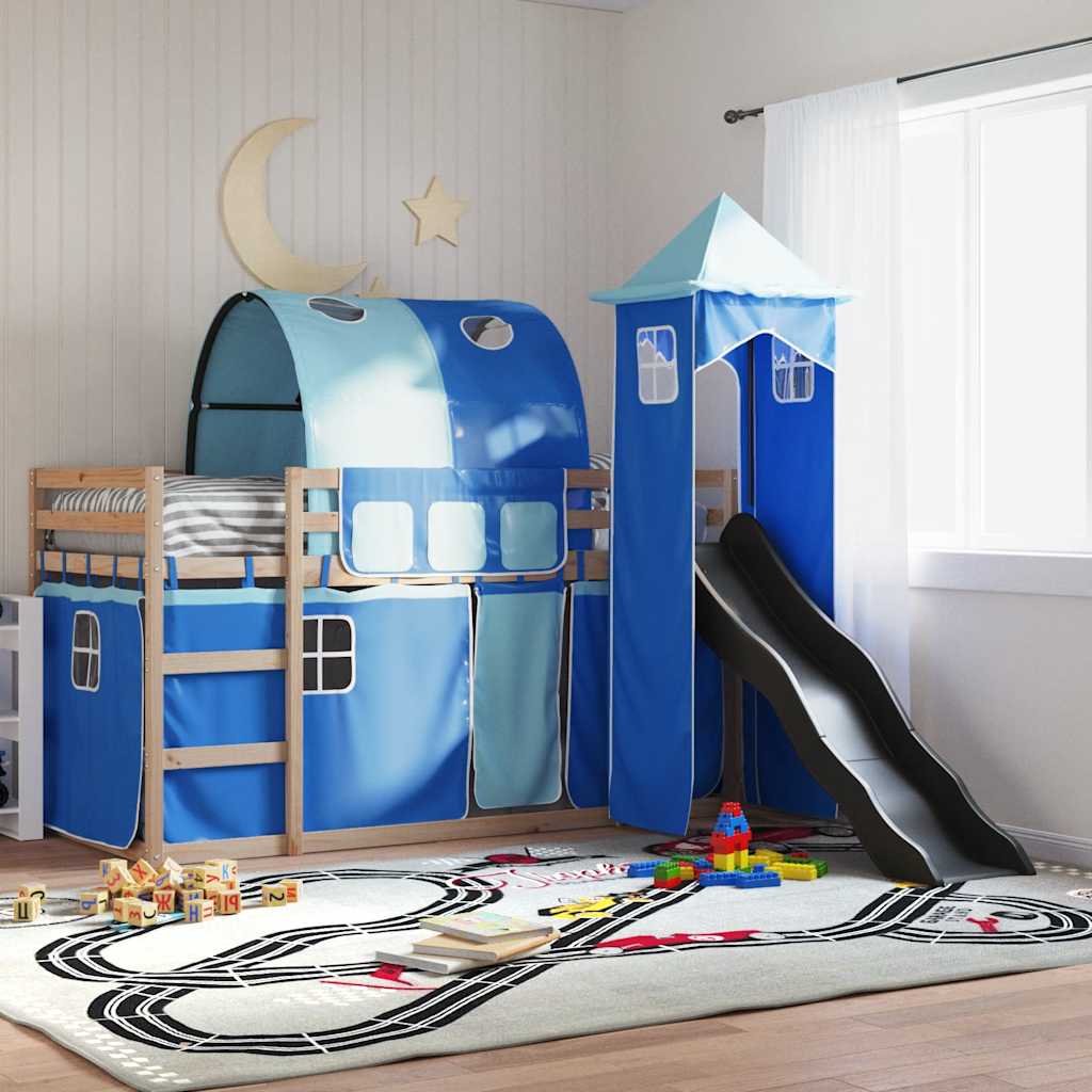 Etagenbett mit Rutsche und Gardinen Weiß und Schwarz 90x200 cm