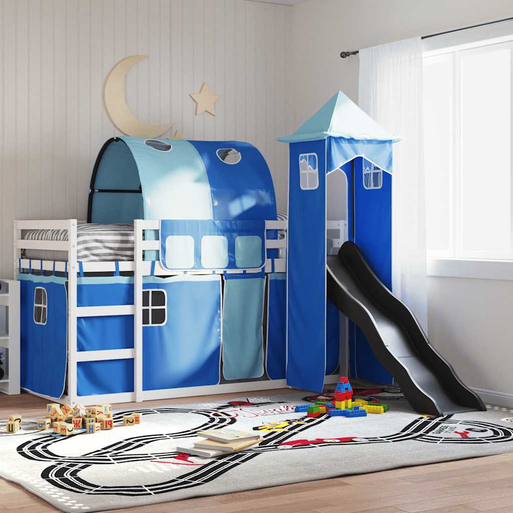 Etagenbett mit Rutsche und Gardinen Weiß und Schwarz 90x200 cm