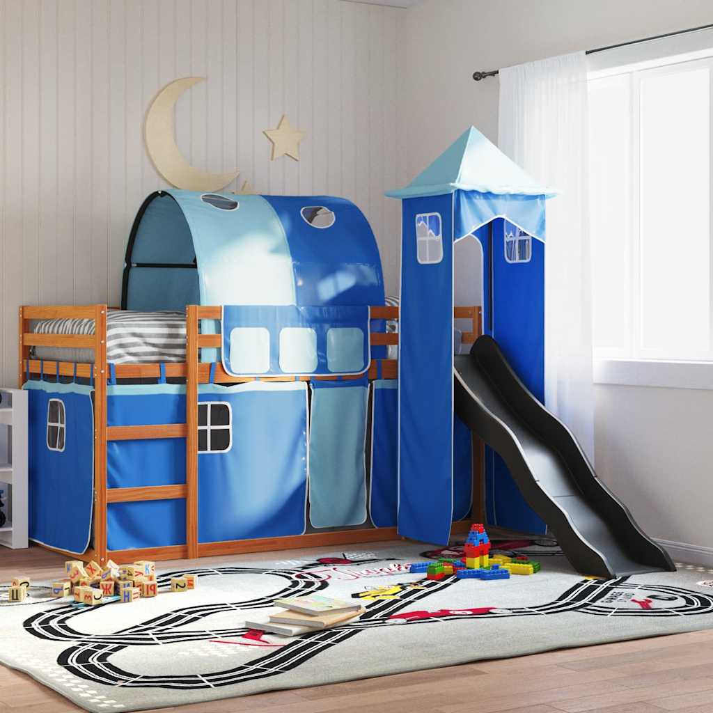 Etagenbett mit Rutsche und Gardinen Weiß und Schwarz 90x200 cm