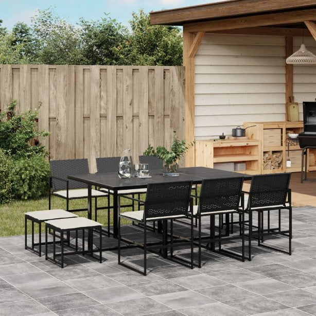 9-tlg. Garten-Essgruppe mit Kissen Schwarz Poly Rattan