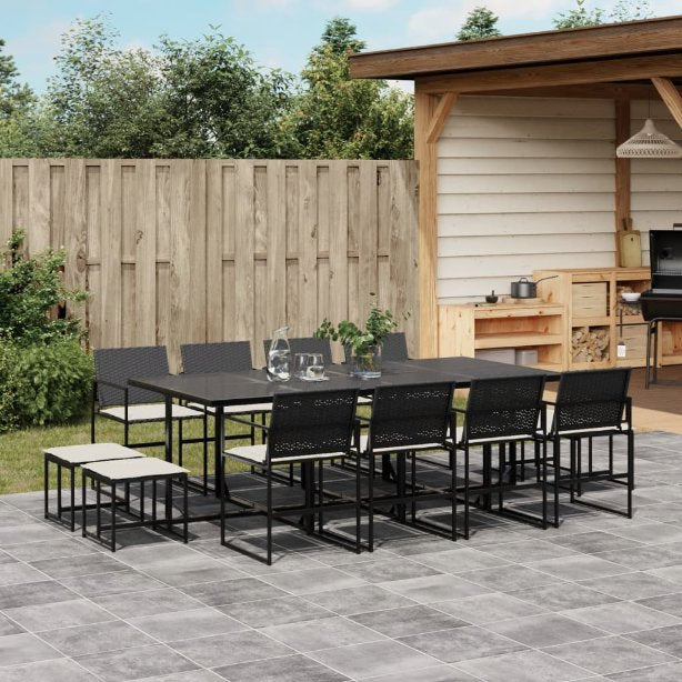 9-tlg. Garten-Essgruppe mit Kissen Schwarz Poly Rattan