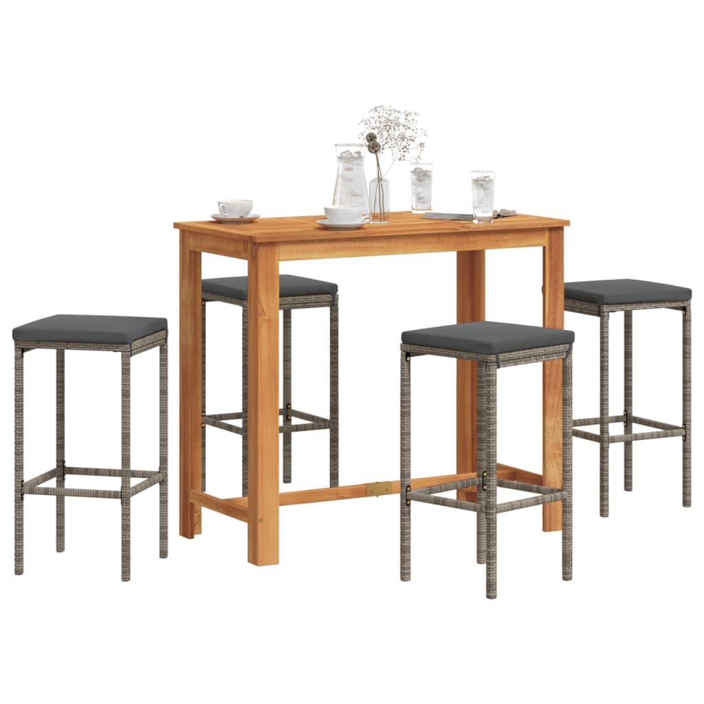 5-tlg. Gartenbar-Set Braun Massivholz Akazie und Poly Rattan