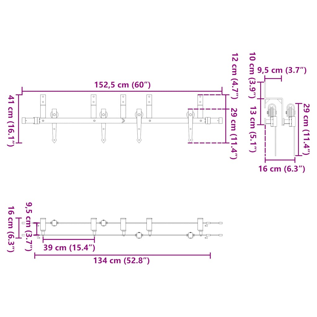 vidaXL Schiebetürbeschlag-Set 152,5 cm Stahl Schwarz