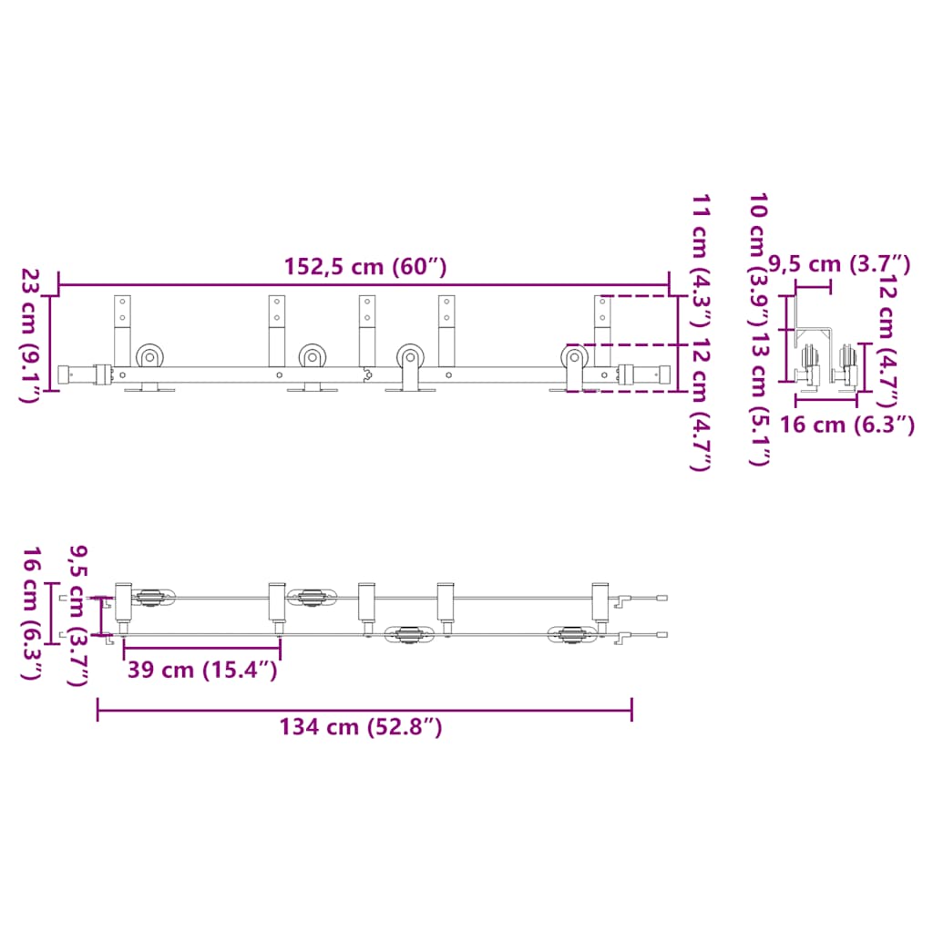 vidaXL Schiebetürbeschlag-Set 152,5 cm Stahl Schwarz