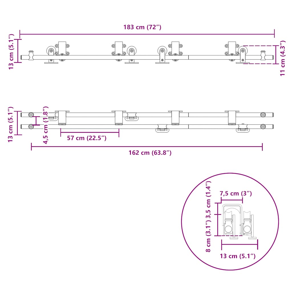 vidaXL Schiebetür-Beschlagsatz 183 cm Edelstahl Silbern