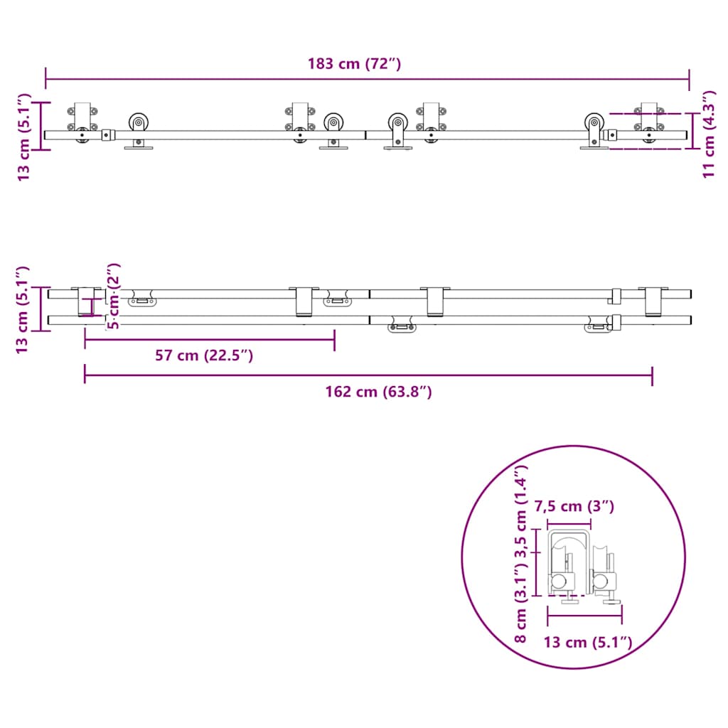 vidaXL Schiebetür-Beschlagsatz 183 cm Edelstahl Silbern