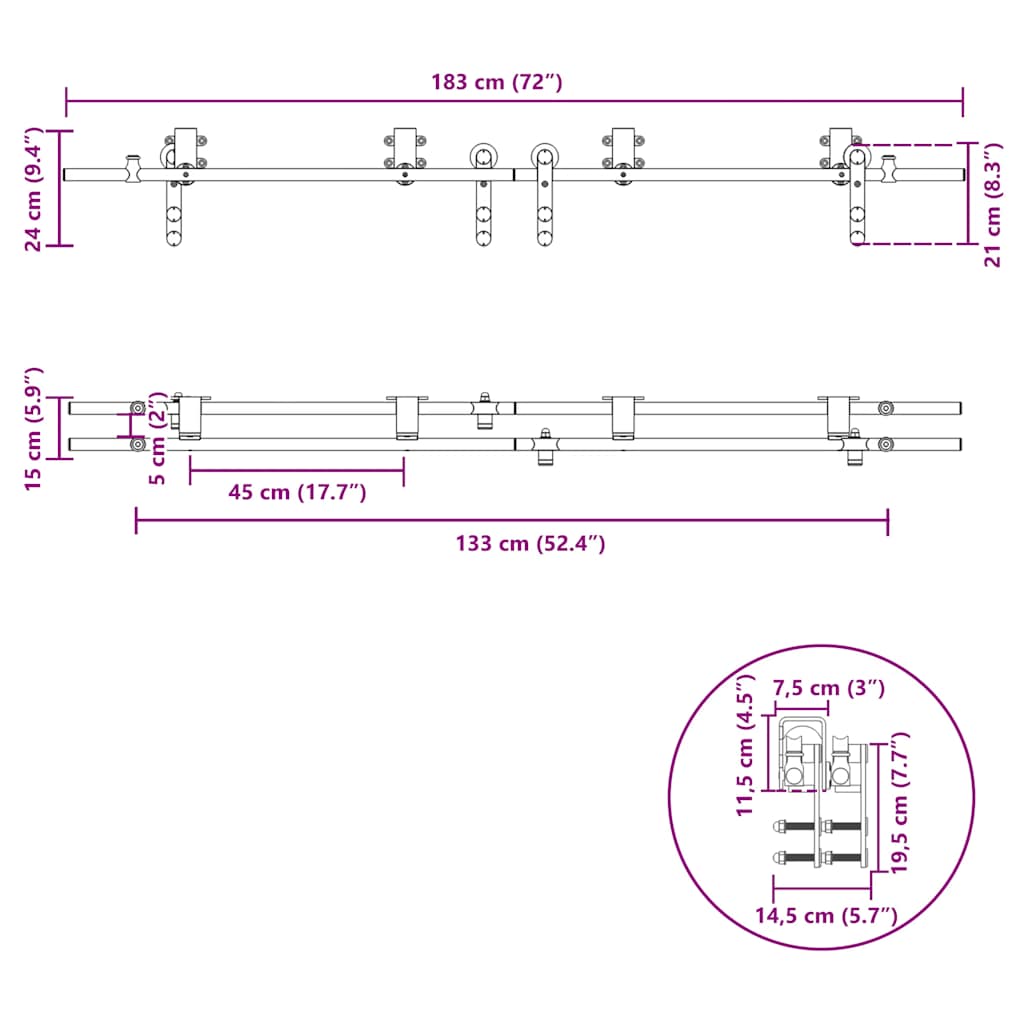 vidaXL Schiebetür-Beschlagsatz 183 cm Edelstahl Silbern