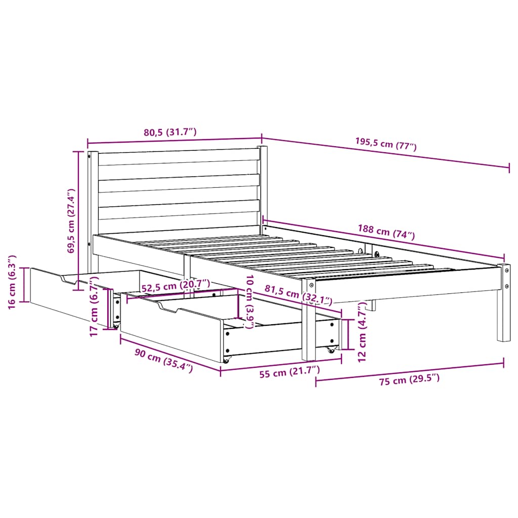 Massivholzbett ohne Matratze 75x190 cm Kiefernholz