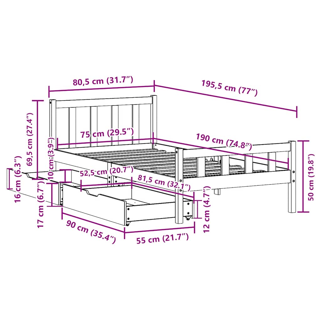 Massivholzbett ohne Matratze 75x190 cm Kiefernholz