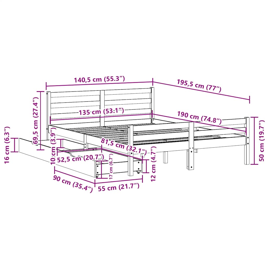 vidaXL Massivholzbett ohne Matratze 135x190 cm Kiefernholz