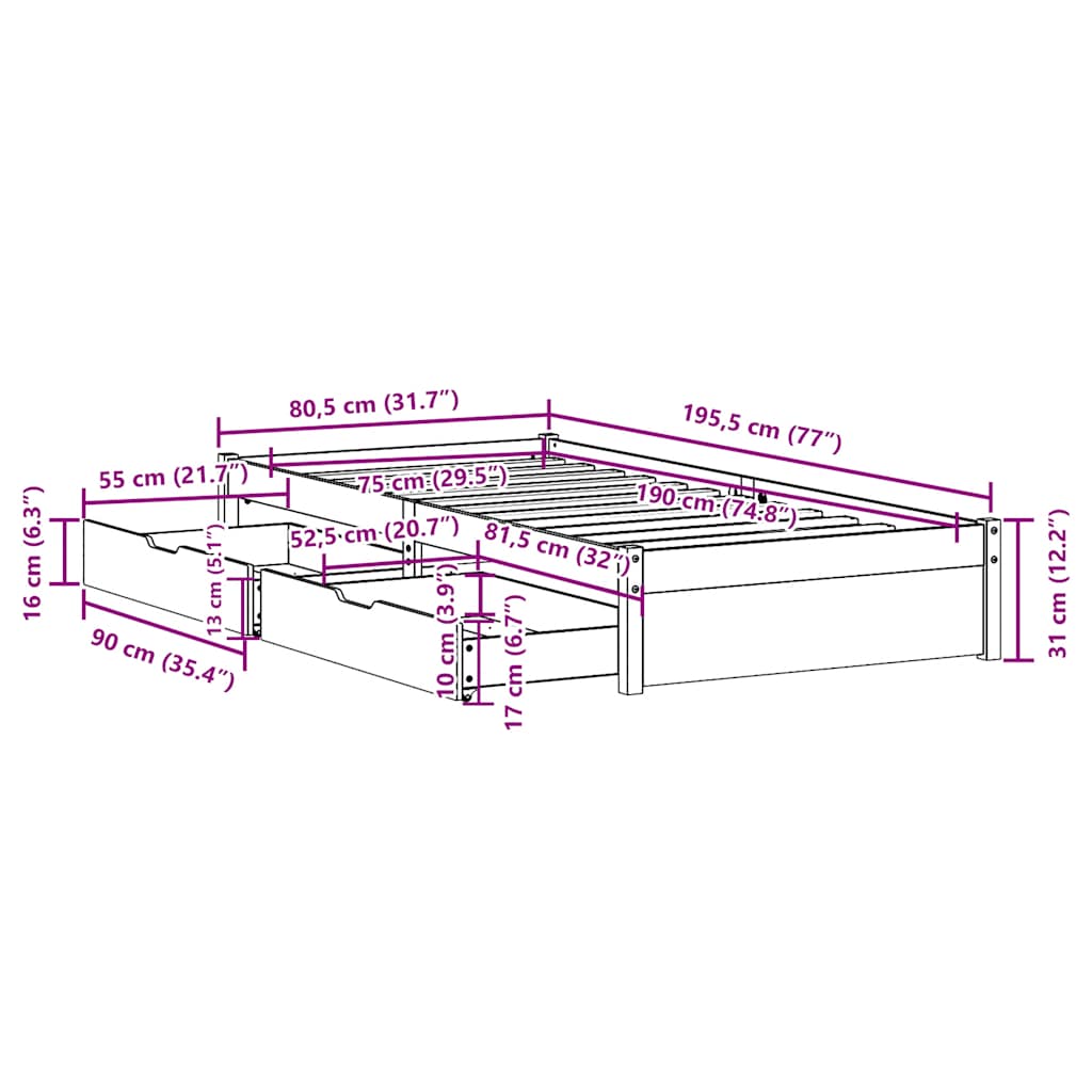 Massivholzbett ohne Matratze 75x190 cm Kiefernholz