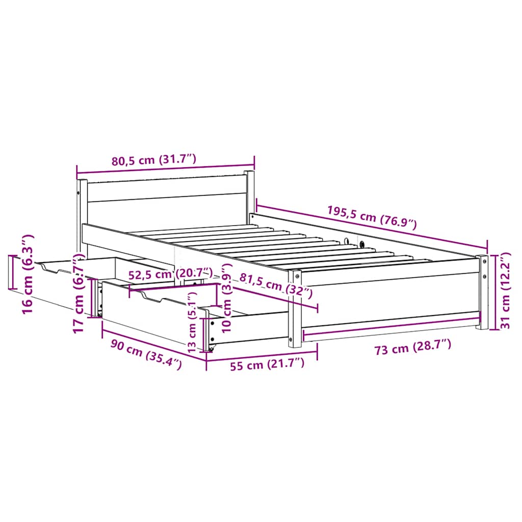 Massivholzbett ohne Matratze 75x190 cm Kiefernholz