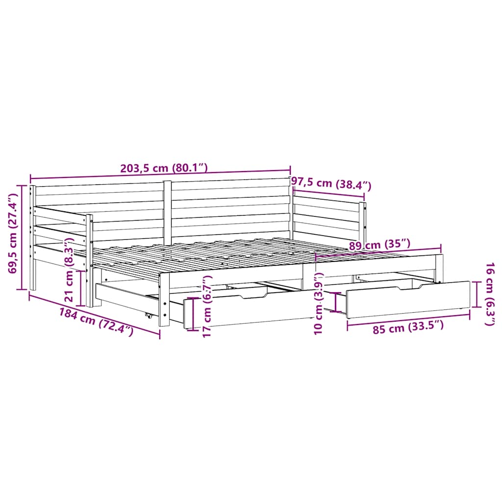 vidaXL Tagesbett Ausziehbar mit Schubladen ohne Matratze 90x200 cm