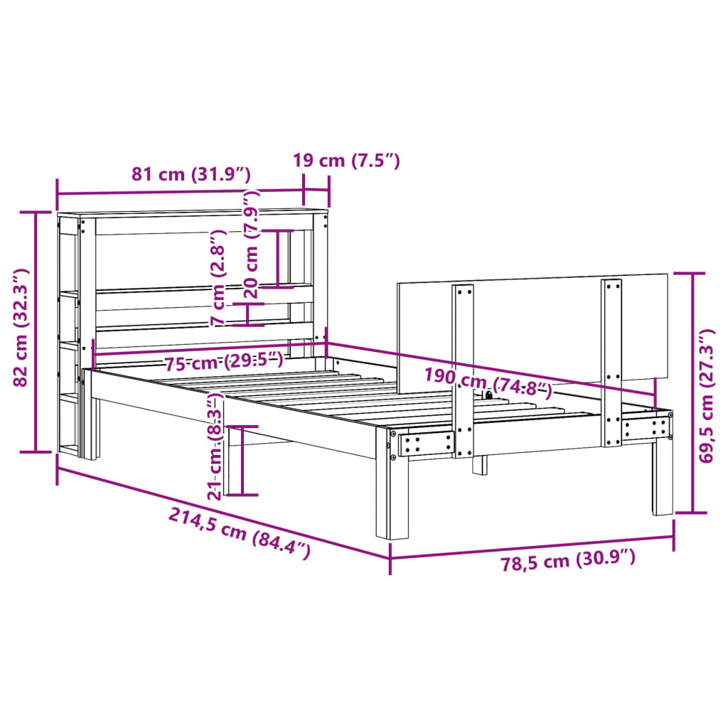 vidaXL Bettgestell mit Kopfteil ohne Matratze 75x190 cm