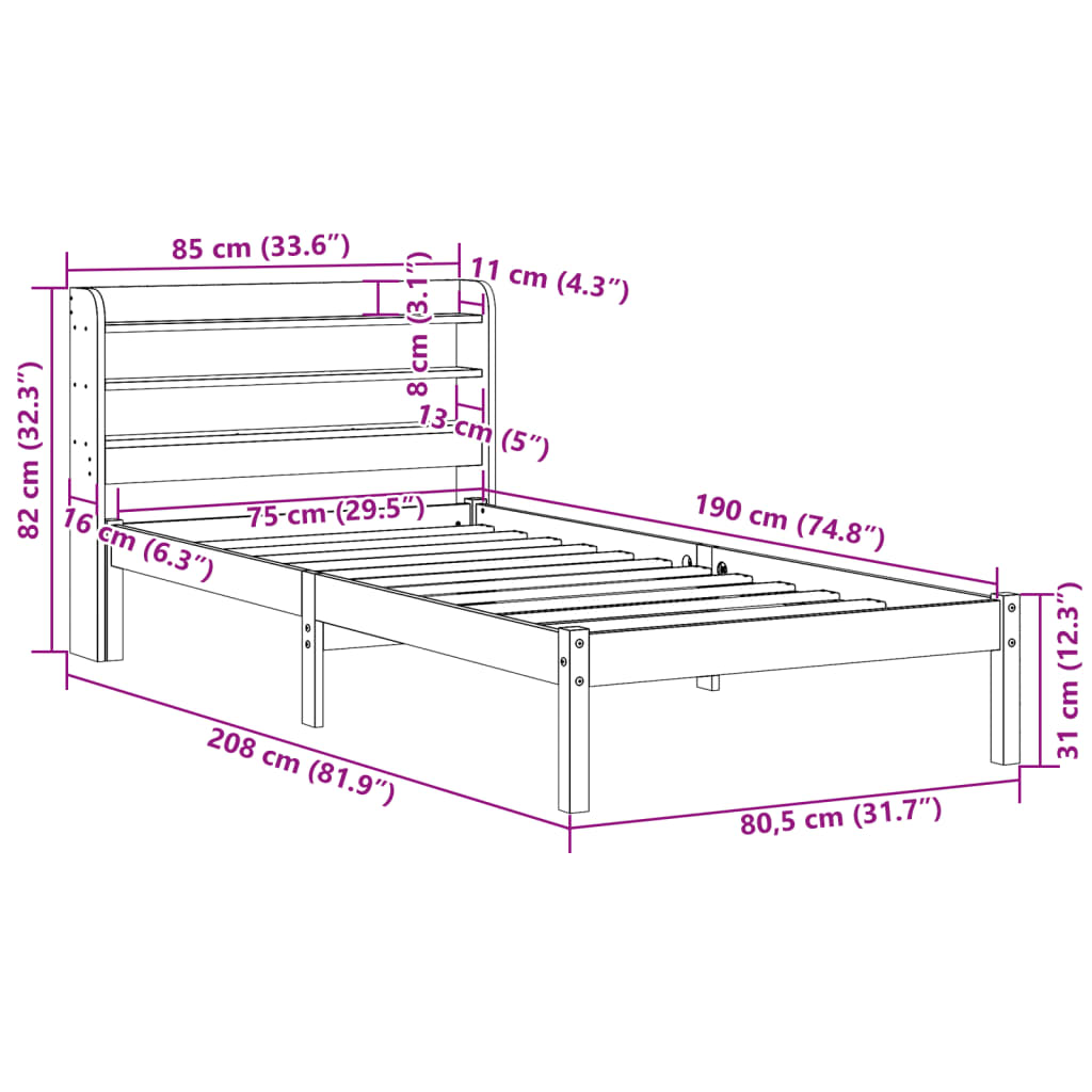 Massivholzbett ohne Matratze 75x190 cm Kiefernholz