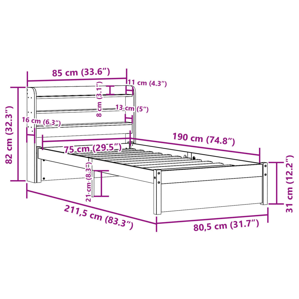 vidaXL Bettgestell mit Kopfteil ohne Matratze 75x190 cm