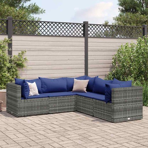 5-tlg. Garten-Lounge-Set mit Kissen Schwarz Poly Rattan