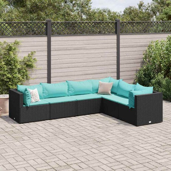 5-tlg. Garten-Lounge-Set mit Kissen Schwarz Poly Rattan