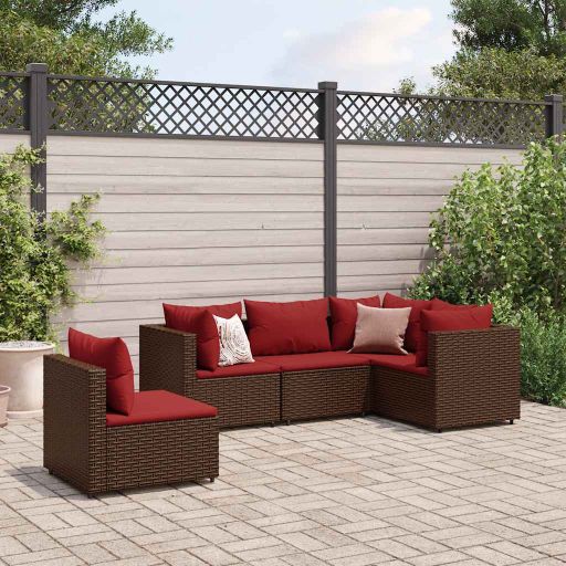5-tlg. Garten-Lounge-Set mit Kissen Schwarz Poly Rattan