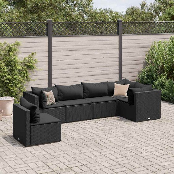 5-tlg. Garten-Lounge-Set mit Kissen Schwarz Poly Rattan