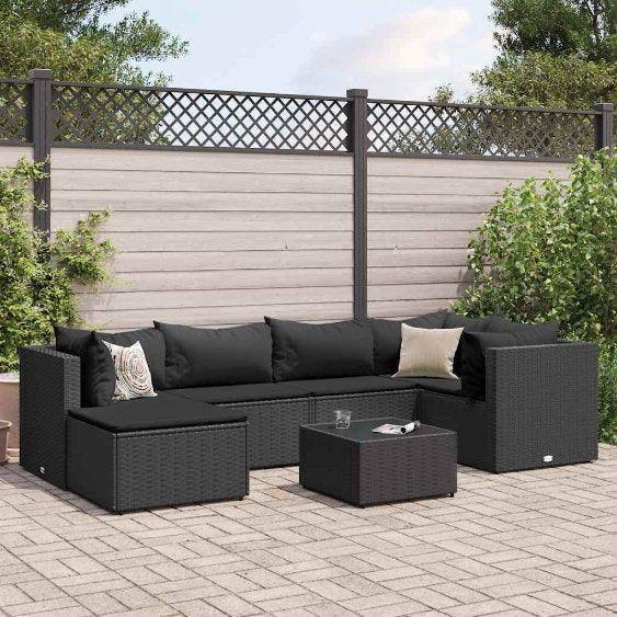 6-tlg. Garten-Lounge-Set mit Kissen Schwarz Poly Rattan