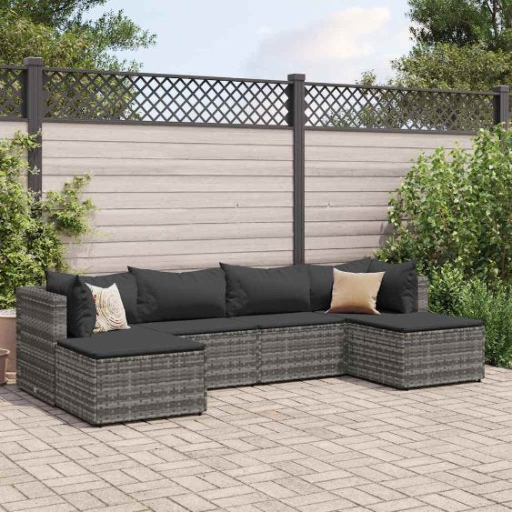6-tlg. Garten-Lounge-Set mit Kissen Schwarz Poly Rattan