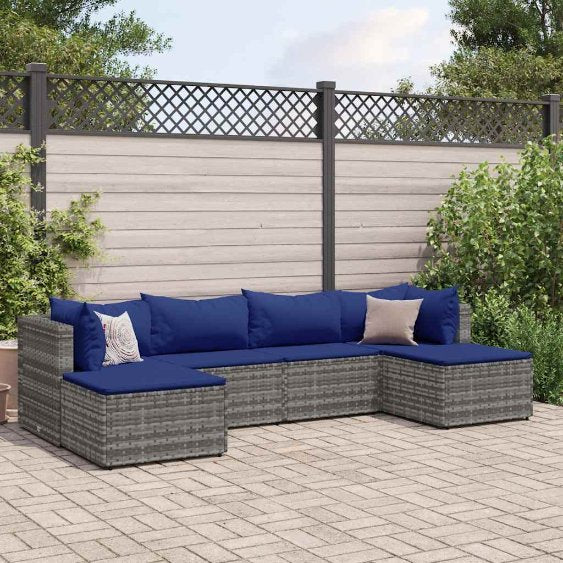 6-tlg. Garten-Lounge-Set mit Kissen Schwarz Poly Rattan