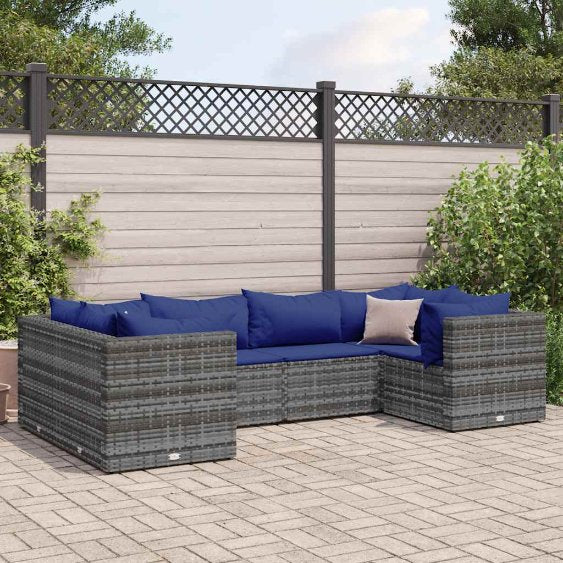 6-tlg. Garten-Lounge-Set mit Kissen Schwarz Poly Rattan