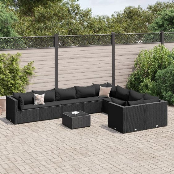 9-tlg. Garten-Sofagarnitur mit Kissen Schwarz Poly Rattan