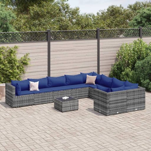 9-tlg. Garten-Sofagarnitur mit Kissen Schwarz Poly Rattan