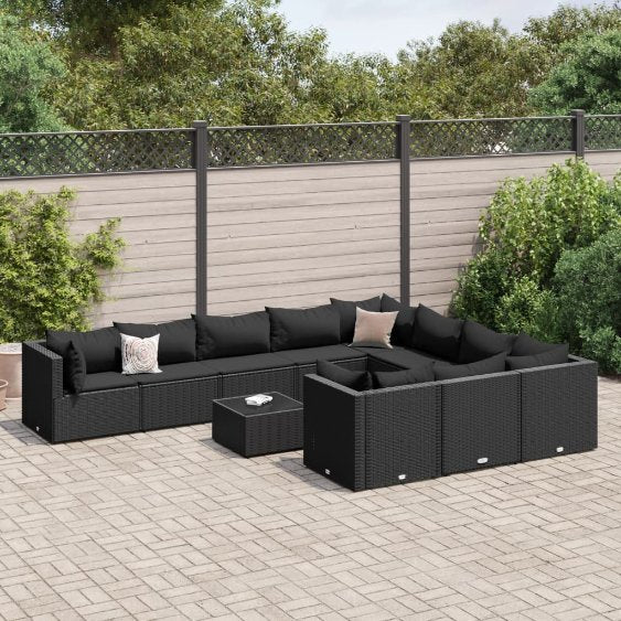 9-tlg. Garten-Sofagarnitur mit Kissen Schwarz Poly Rattan