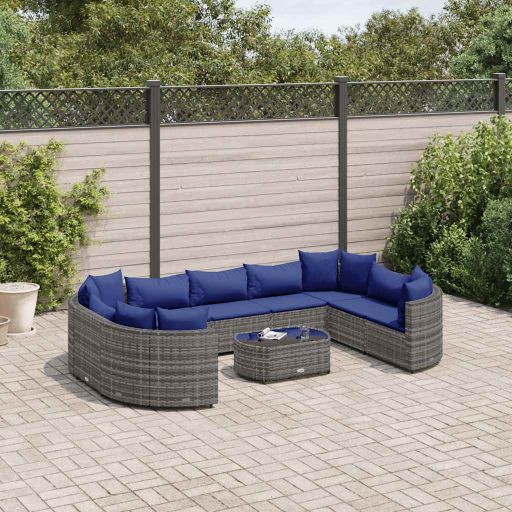 vidaXL 10-tlg. Garten-Sofagarnitur mit Kissen Schwarz Poly Rattan