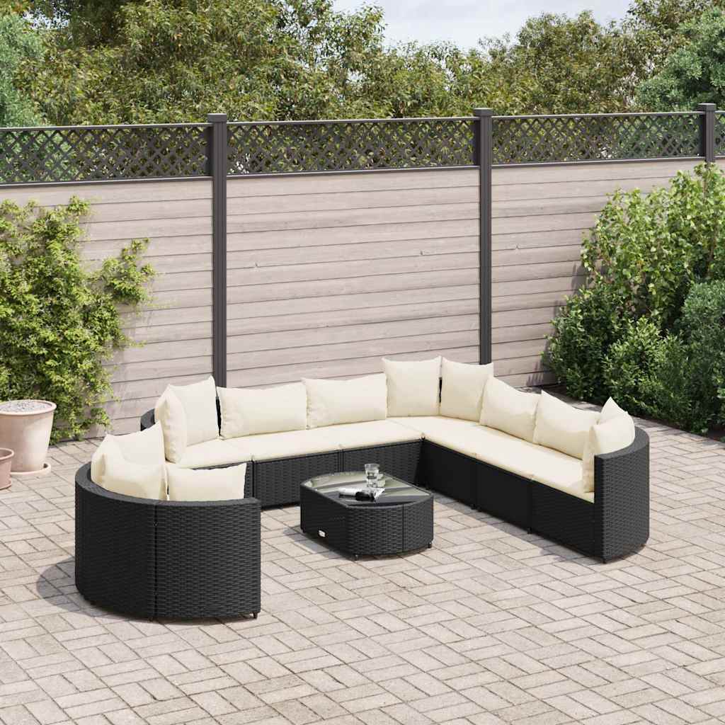 vidaXL 10-tlg. Garten-Sofagarnitur mit Kissen Schwarz Poly Rattan