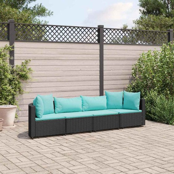 3-tlg. Garten-Sofagarnitur mit Kissen Schwarz Poly Rattan