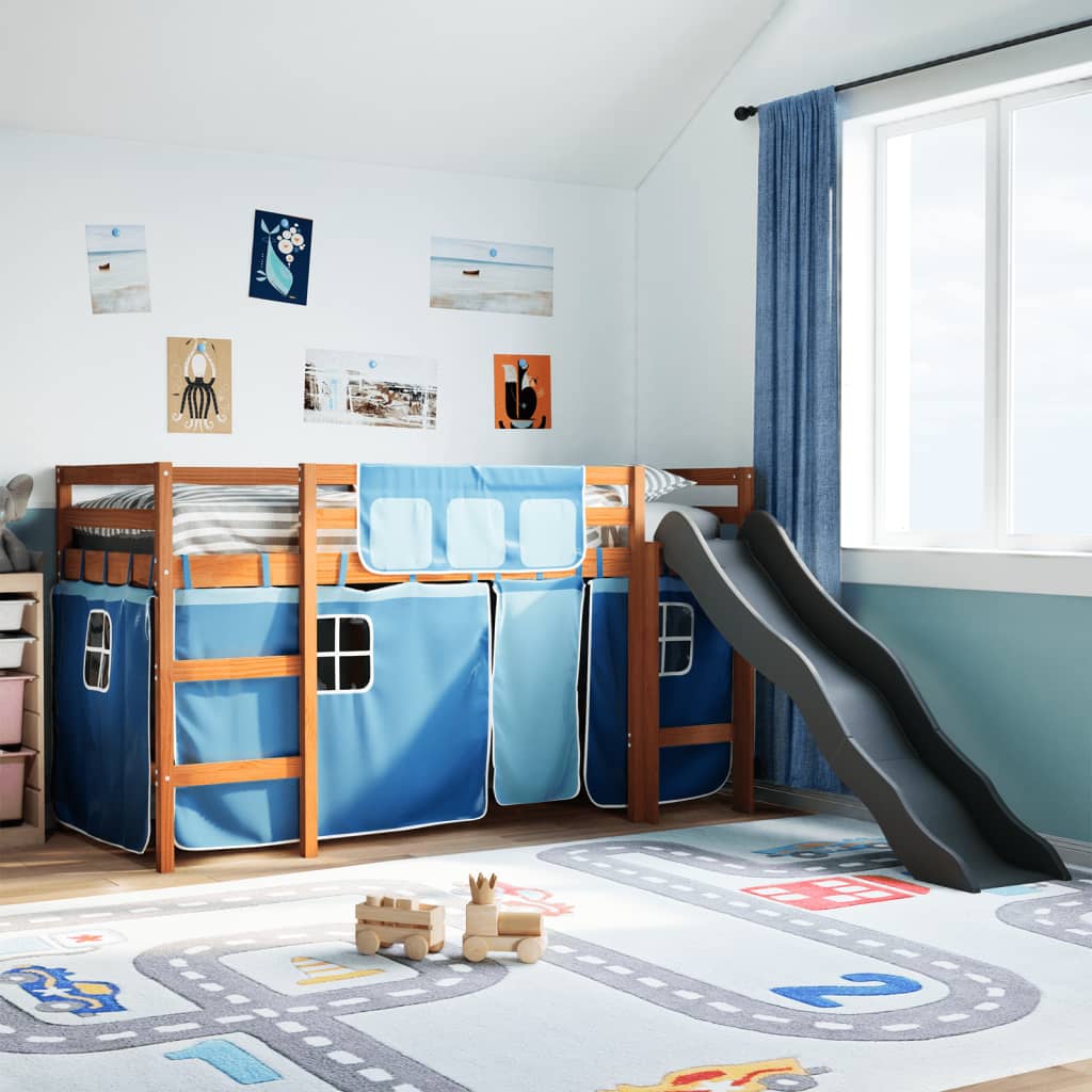 vidaXL Kinderhochbett mit Vorhängen Weiß und Schwarz Massivholz Kiefer
