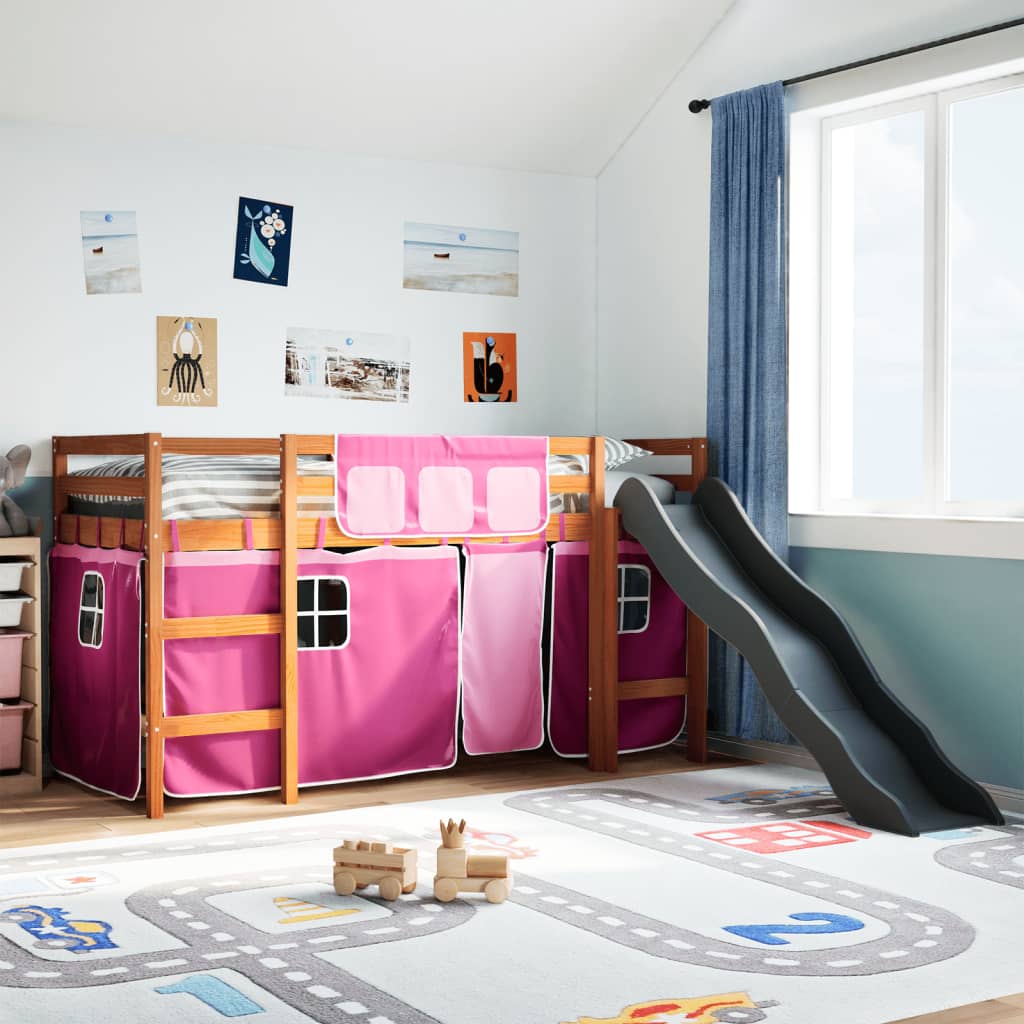 vidaXL Kinderhochbett mit Vorhängen Weiß und Schwarz Massivholz Kiefer