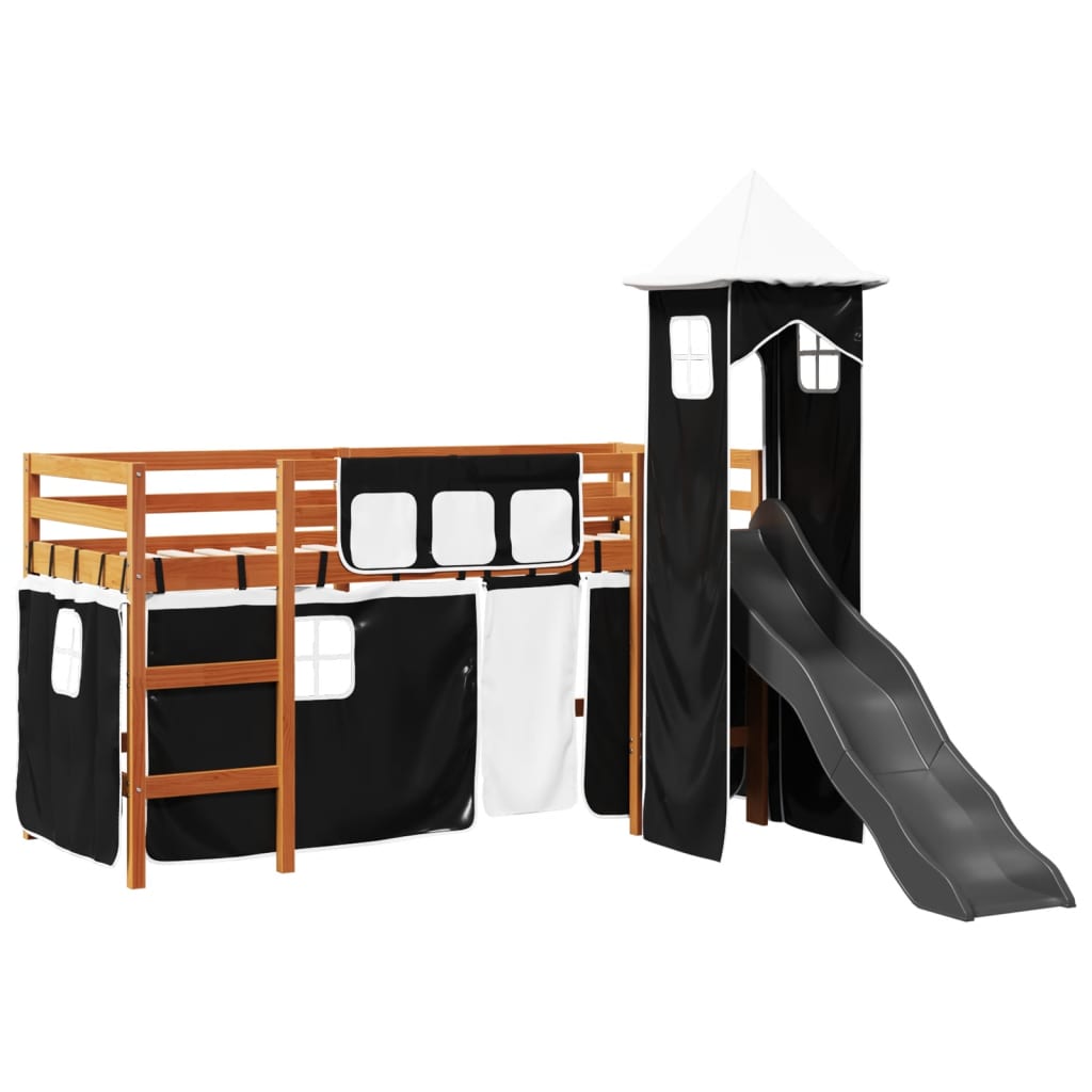 vidaXL Kinderhochbett mit Turm Weiß & Schwarz 80x200 cm Kiefernholz