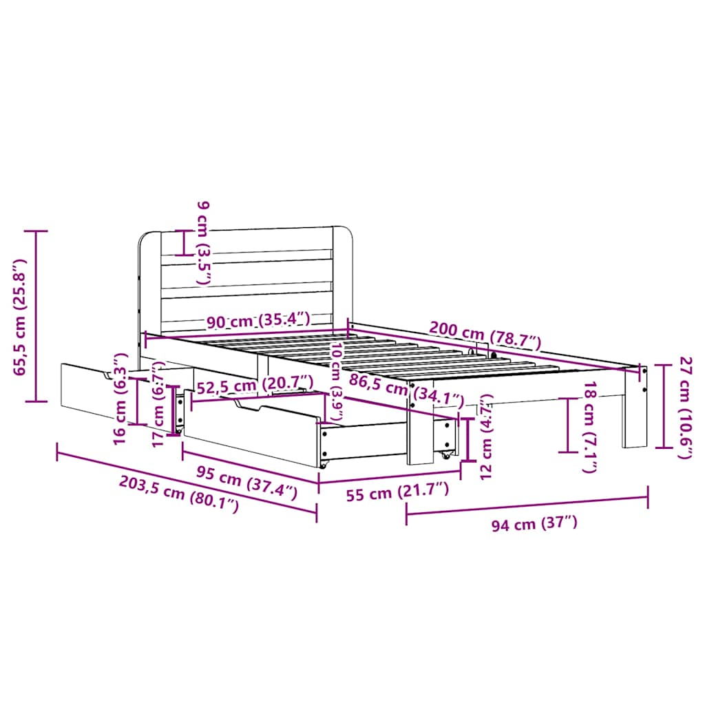 vidaXL Massivholzbett ohne Matratze 90x200 Kiefernholz