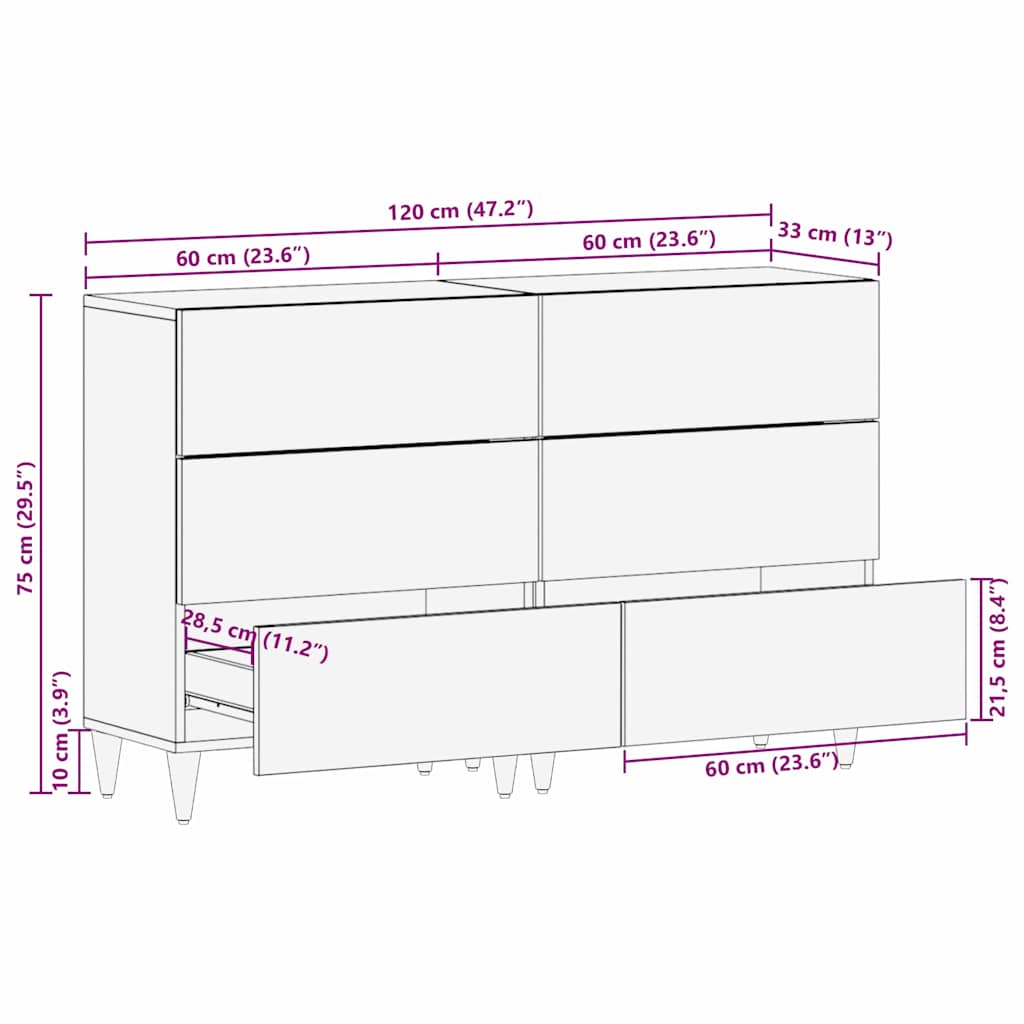 vidaXL Sideboard 2 pcs Honigbraun 60 x 33 x 75 cm Massivholz Mango