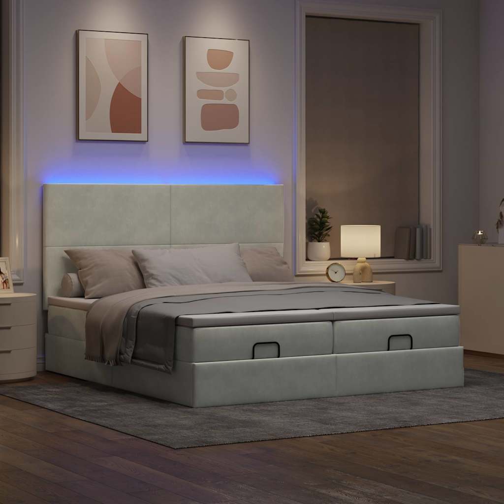 vidaXL Ottoman-Bett mit Matratzen & LEDs Hellgrau 160x200 cm Samt