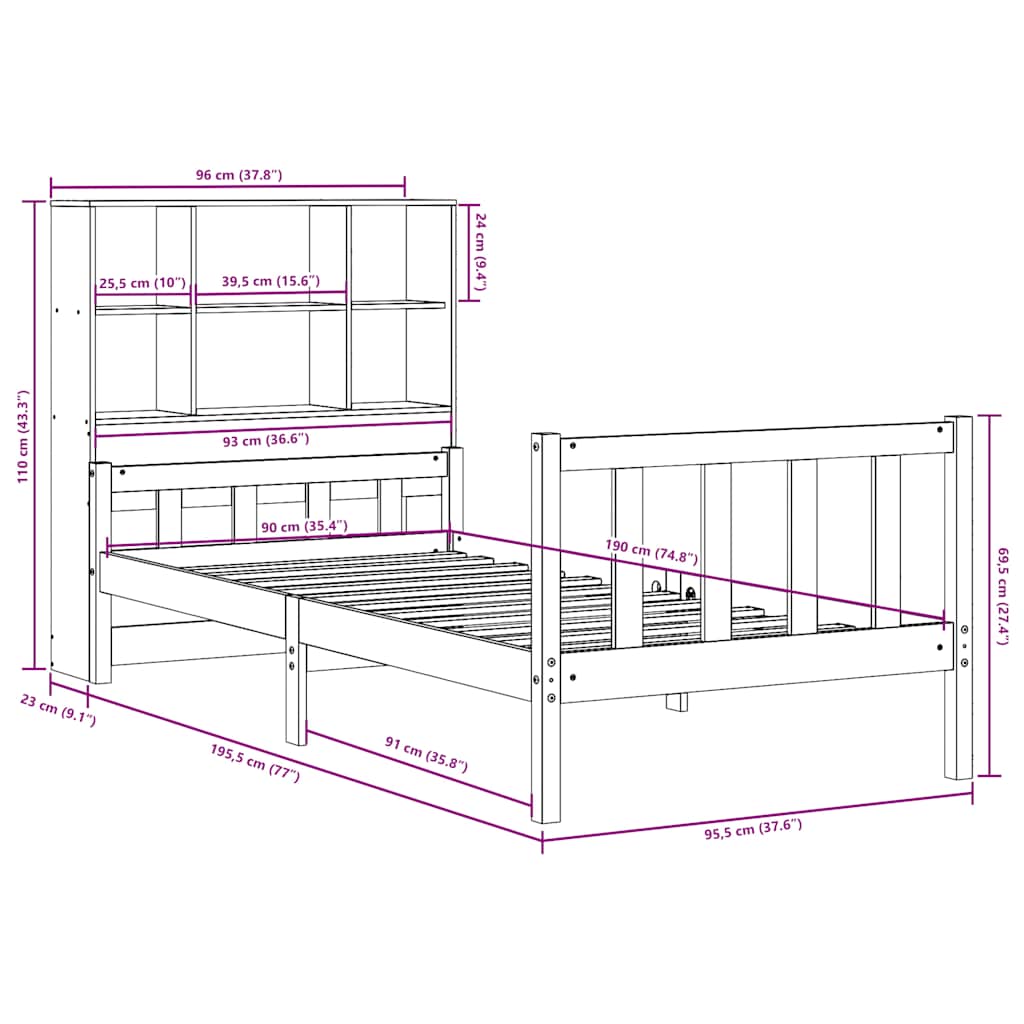 vidaXL Massivholzbett mit Regal ohne Matratze 90x190 cm Kiefer
