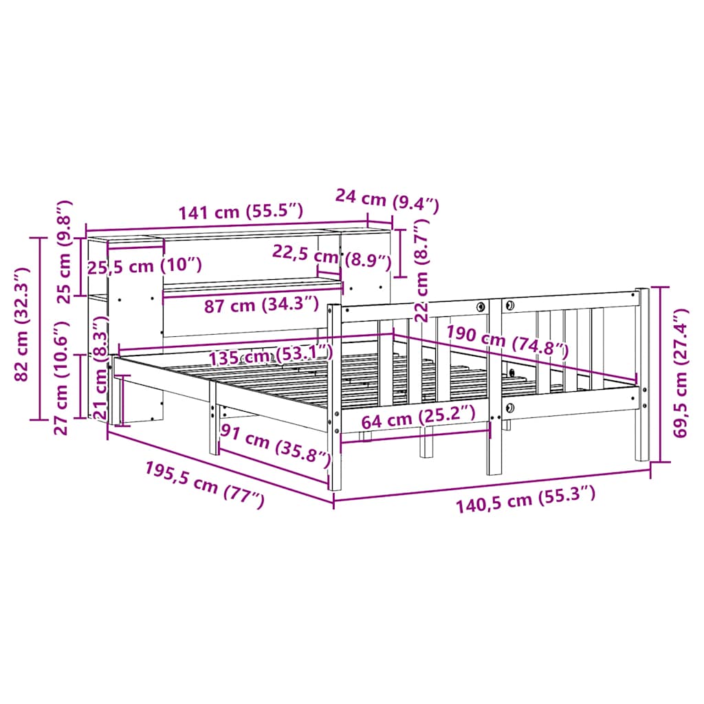 vidaXL Massivholzbett mit Regal ohne Matratze 135x190 cm Kiefernholz