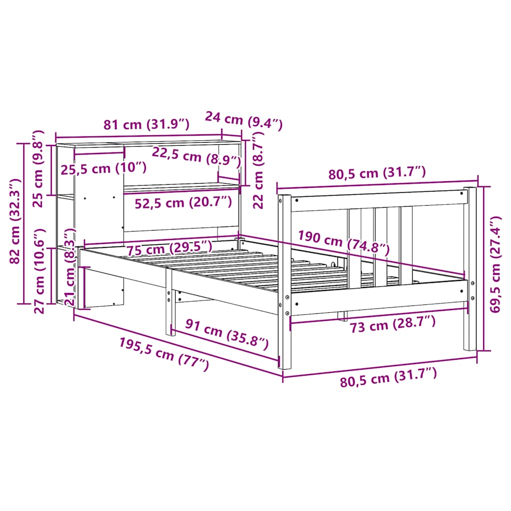 vidaXL Bücherregalbett ohne Matratze 75x190 cm Massivholz Kiefer