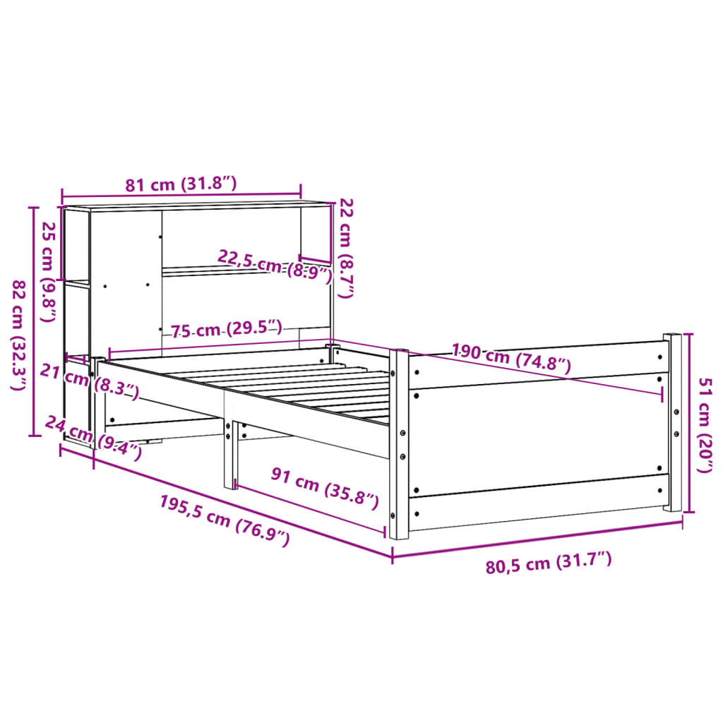 vidaXL Bücherregalbett ohne Matratze 75x190 cm Massivholz Kiefer