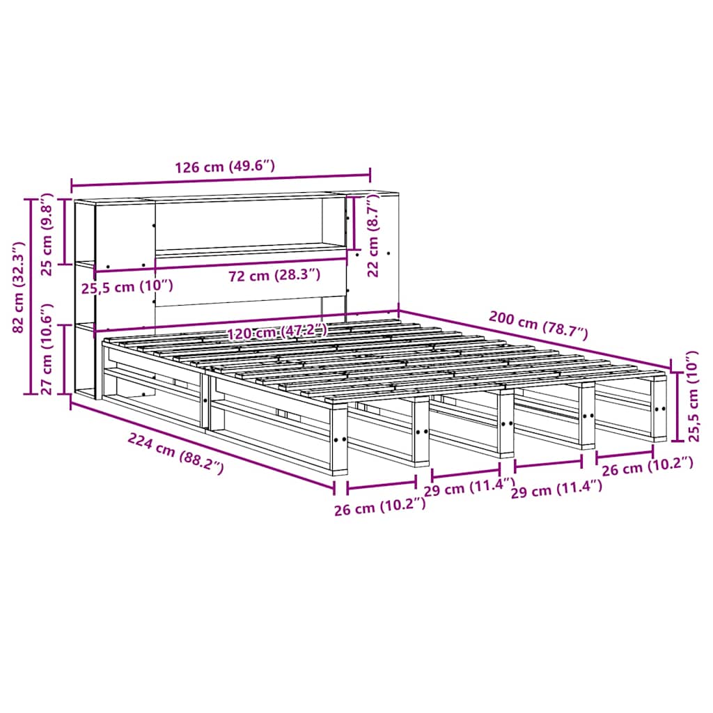 vidaXL Massivholzbett mit Regal ohne Matratze 120x200 cm