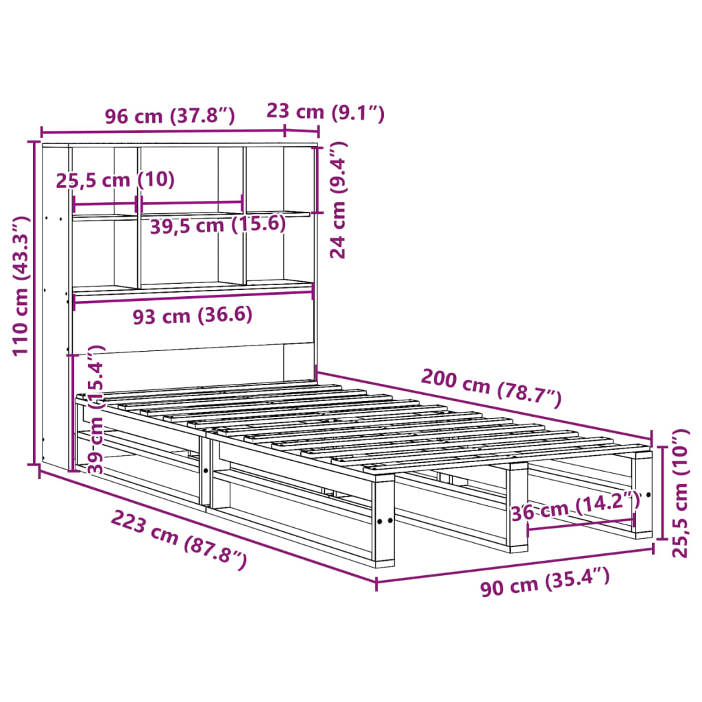 vidaXL Massivholzbett mit Regal ohne Matratze 90x200 cm Massivholz