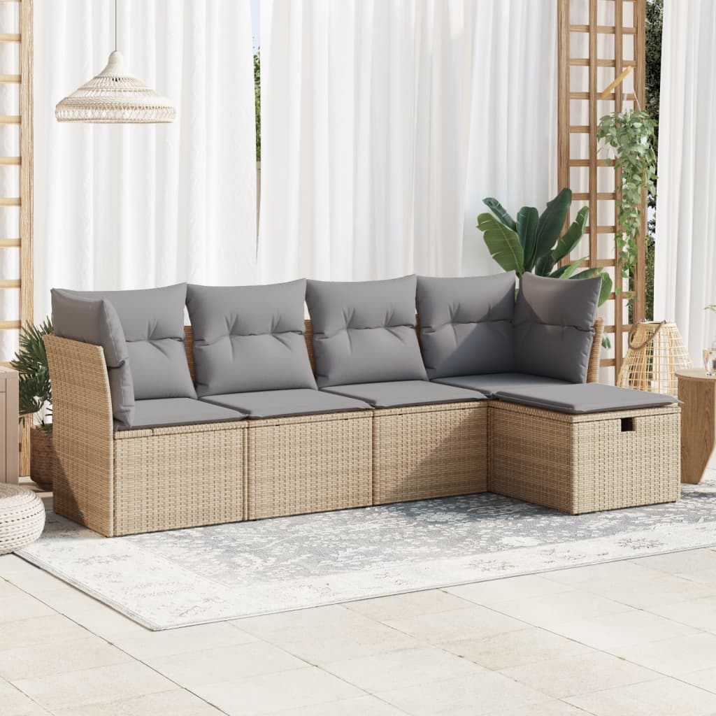 5-tlg. Garten-Sofagarnitur mit Kissen Schwarz Poly Rattan