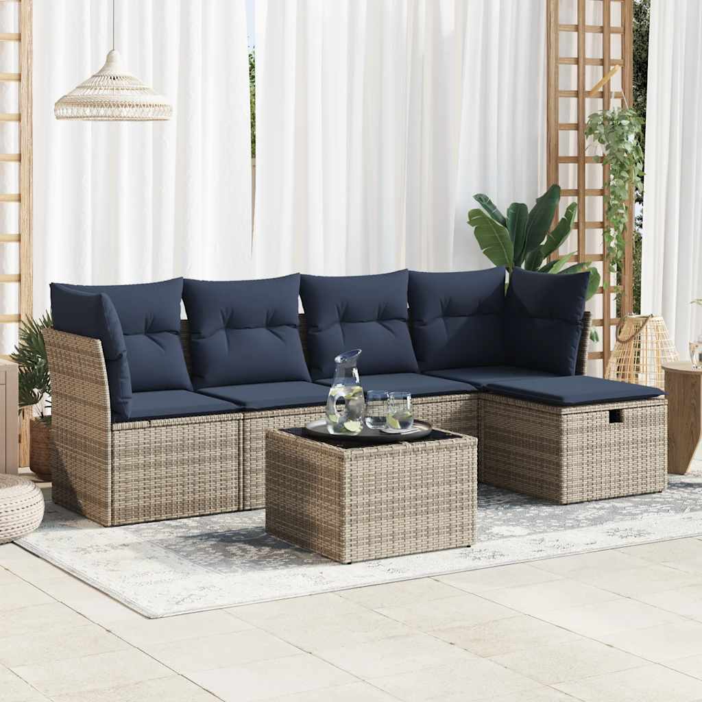 5-tlg. Garten-Sofagarnitur mit Kissen Grau Poly Rattan